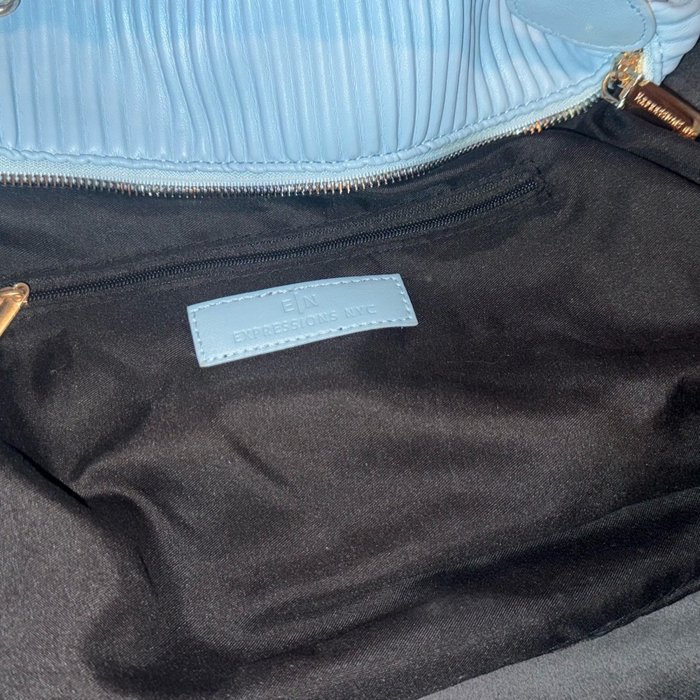 Expressions NYC Slouchy Pleated Powder Blue Crossbody Shoulder Bag w Link Strap - Picture 13 of 13